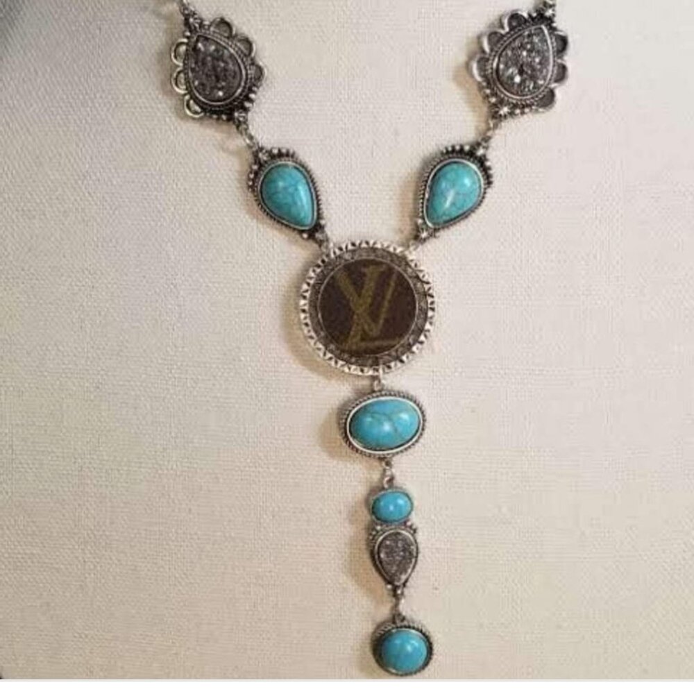 Upcycled Authentic Designer LV canvas turquoise necklace